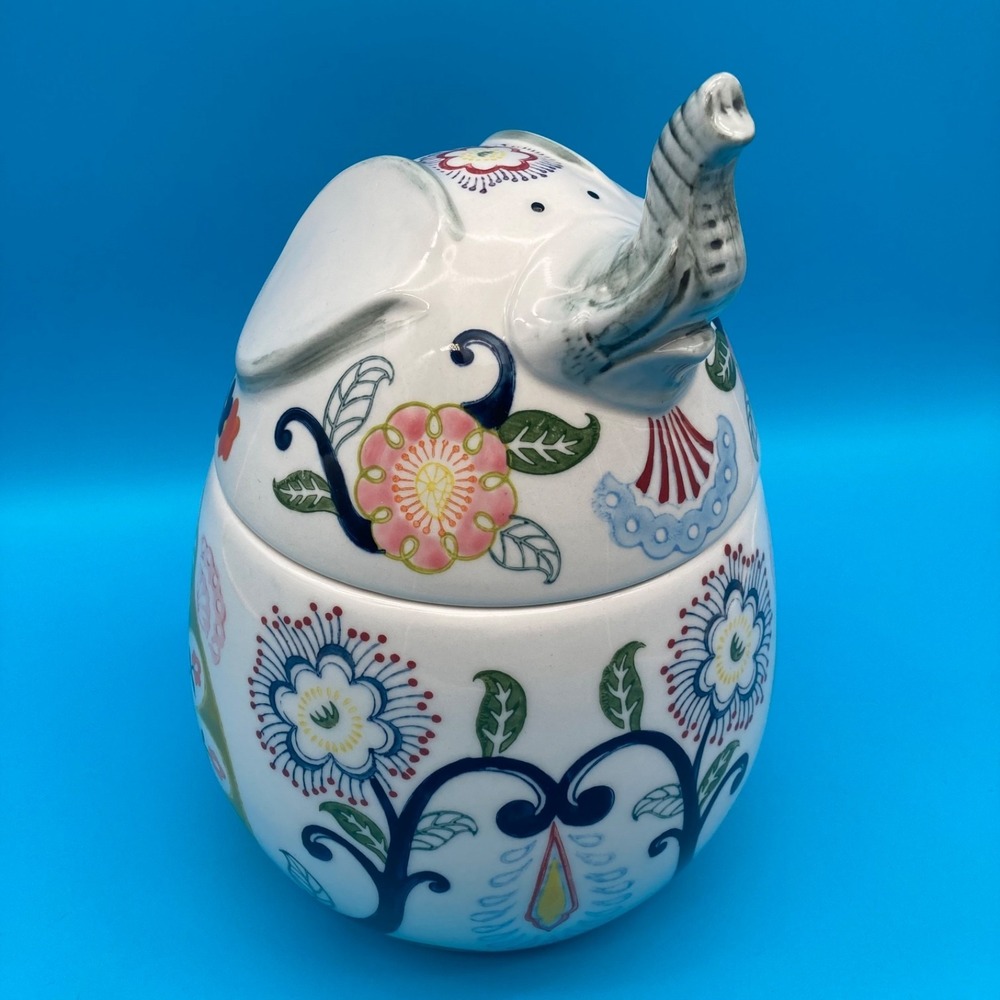 Pier 1 Imports Elephant Cookie Jar Hand Painted Floral Stoneware Canister Boho